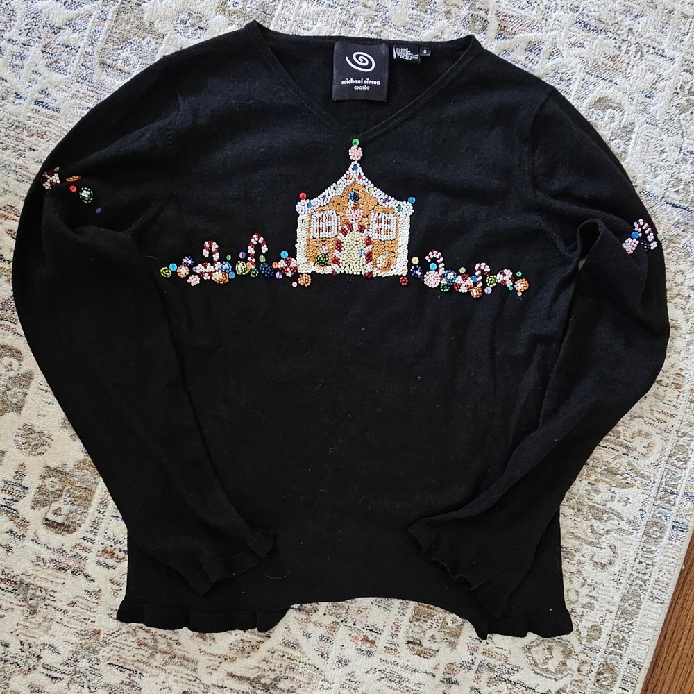 Michael Simon Black Sweater with Beaded Holiday Design On Front and Sleeves